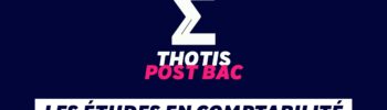 Graphic promoting post-bac studies in accounting and management in French, white logo on navy background.