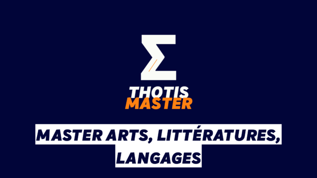 Master Arts, littératures, langages Brand logo: white zigzag Z above orange 'MASTER' and white 'THOTIS' on a dark blue background, with bold white boxed text listing arts, literature, languages.