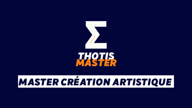Master Création artistique Logo for Thotis Master: a large white zigzag Z with an orange accent, paired with 'THOTIS MASTER' in white and orange on a dark blue background.