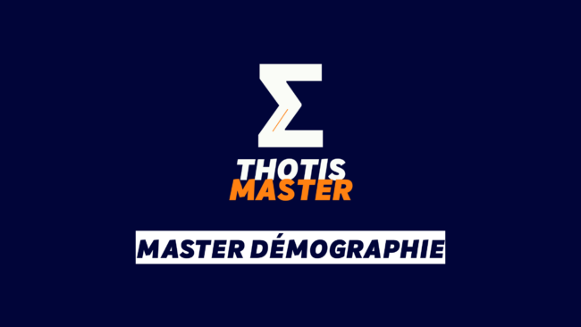 Master Démographie Logo on a dark navy background: a white zigzag 'Z' mark above the text 'THOTIS MASTER' in white and orange, followed by a white banner reading 'MASTER DÉMOGRAPHIE' in bold letters.