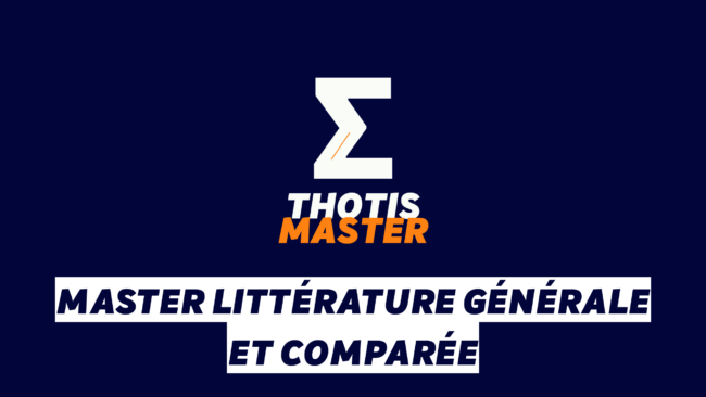 Master Littérature générale et comparée Logo with a white Z-like shape and an orange accent reading THOTIS MASTER on a dark blue background; below is a white banner with bold French text for the Master’s program in literature.