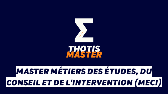 Master Métiers des études, du conseil et de l’intervention (MECI) Brand logo: white zigzag 'Z' mark above 'THOTIS MASTER' in white and orange on a dark blue background, with a white French headline banner below.