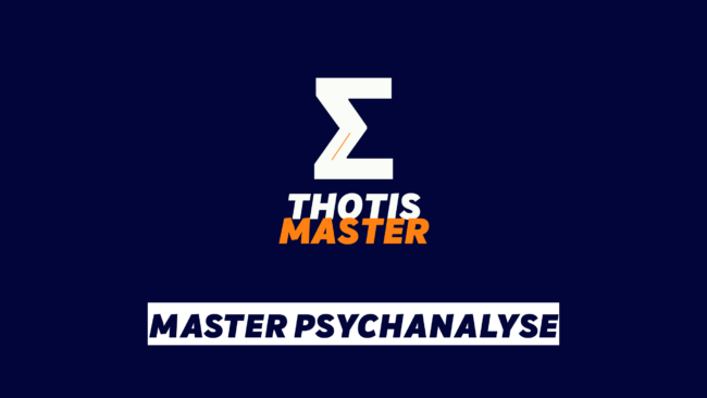 Master Psychanalyse Branding graphic with a large white zigzag Z logo above the words ‘THOTIS’ in white and ‘MASTER’ in orange on a dark blue background, and a white banner reading ‘MASTER PSYCHANALYSE’ in bold navy letters.