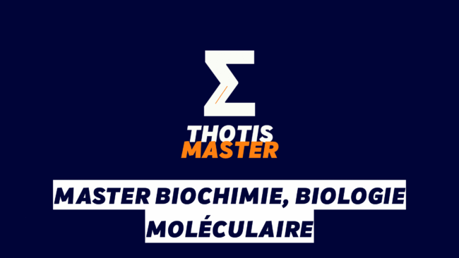White zigzag Z logo with 'THOTIS' in white and 'MASTER' in orange, set on a dark blue background, announcing a Master program in Biochemistry, Biology, Molecular Biology.