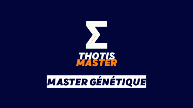 Brand logo on a dark blue background: a white geometric zigzag 'Z' with an orange accent, followed by the words 'THOTIS MASTER' in white/orange, and a white banner reading 'MASTER GÉNÉTIQUE' in bold black text.