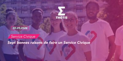 Group of diverse young volunteers smiling outdoors, wearing white shirts with heart ribbons, with THOTIS logo and 'Service Civique' banner in a pink-blue tinted banner.